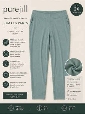 Pure Jill Affinity French Terry Slim Leg Pants 2X Sage Green Pull On Stretch